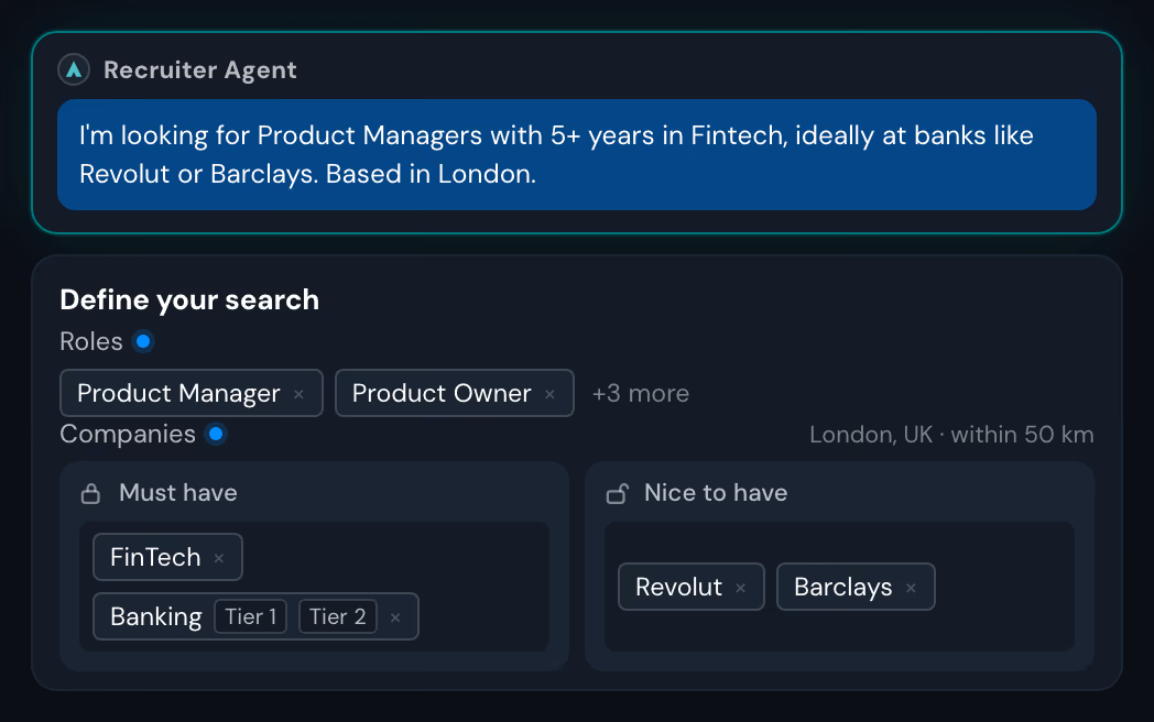 Nova Recruiter's search builder: a plain-language brief turned into role titles, and FinTech and Banking split between Must have and Nice to have criteria