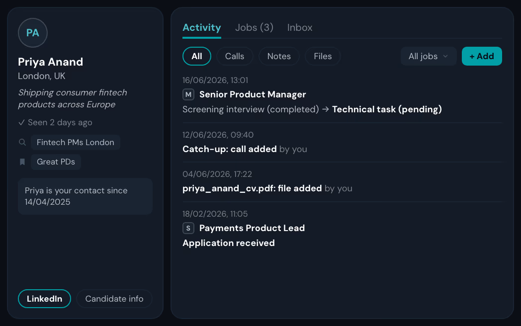 A candidate's global profile beside her activity feed, filtered by calls, notes and files, with entries from two different roles she has been through
