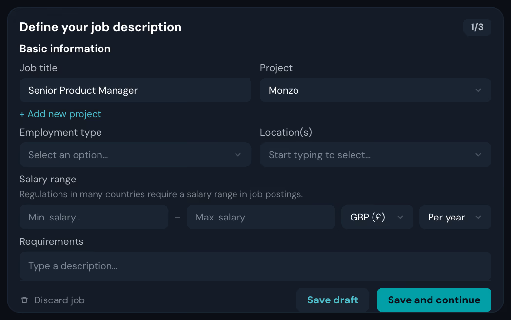 Step one of the job wizard: the title and the project filled in, every other field still empty, and Save draft waiting next to Save and continue