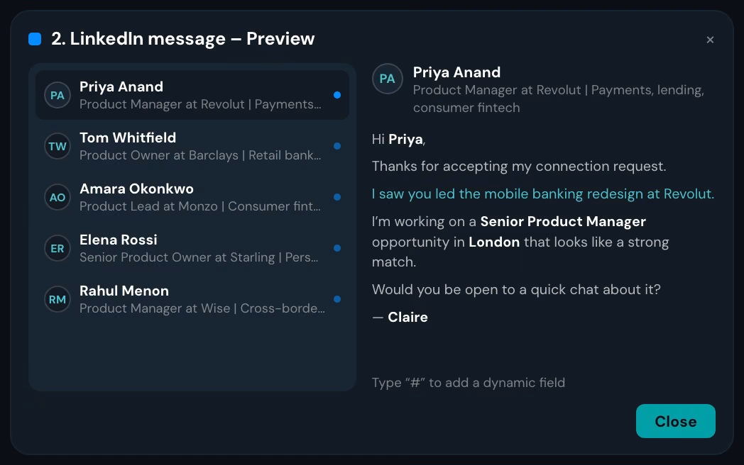 A LinkedIn message previewed for one candidate, her name and role already filled in and the AI sentence written for her