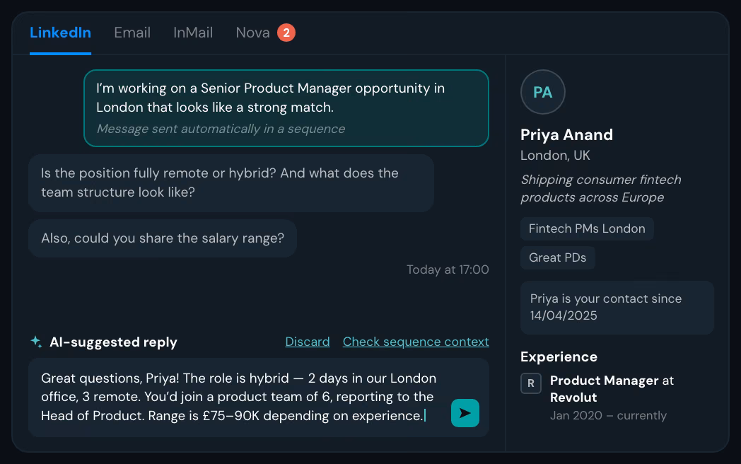 One inbox with LinkedIn, Email, InMail and Nova tabs: a candidate's reply, her profile beside the thread, and an AI-suggested answer ready to send